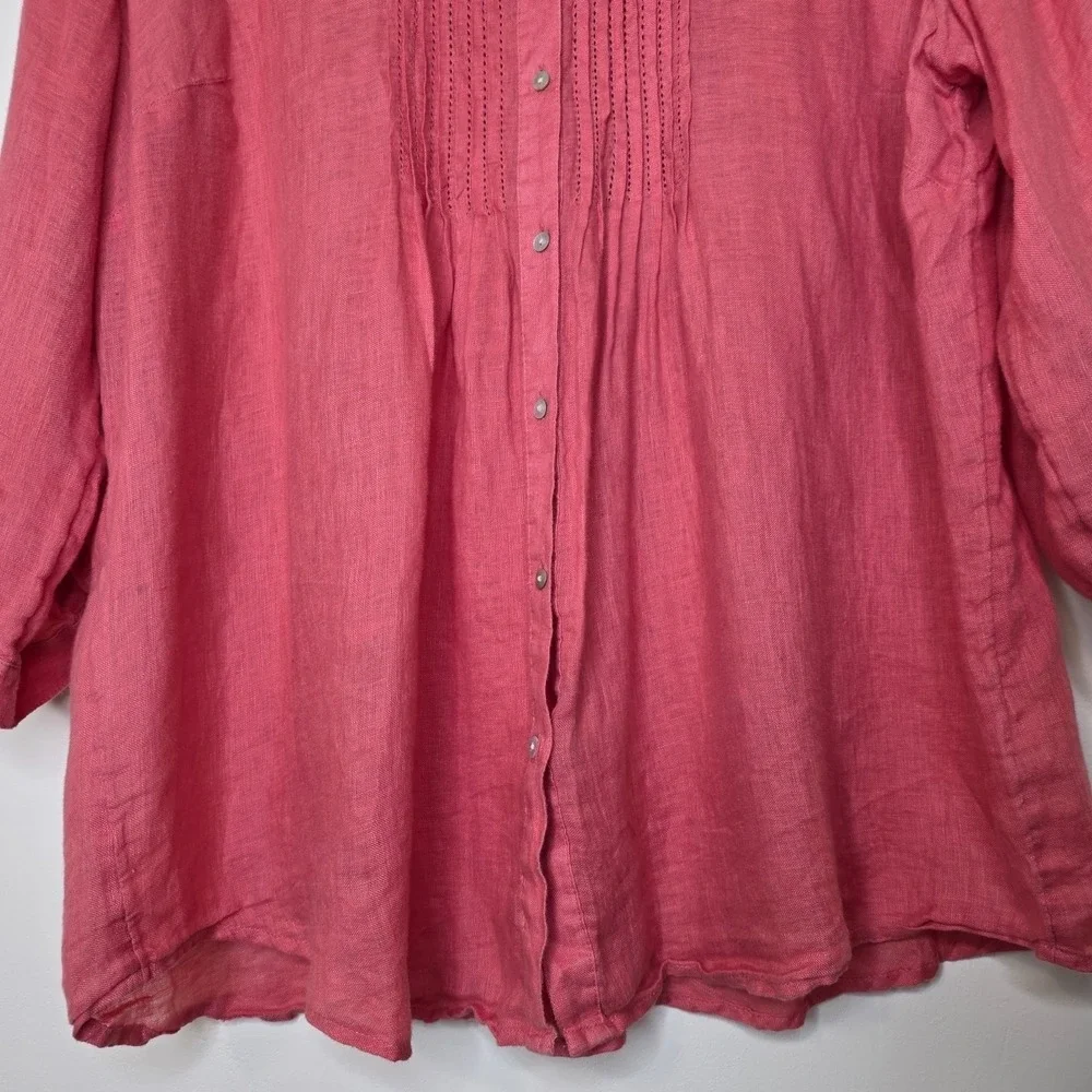 J Jill Linen Button Up Top Sz 2X Pink Pintuck Long Roll Tab Sleeve‎ Boho Beachy - Picture 5 of 13